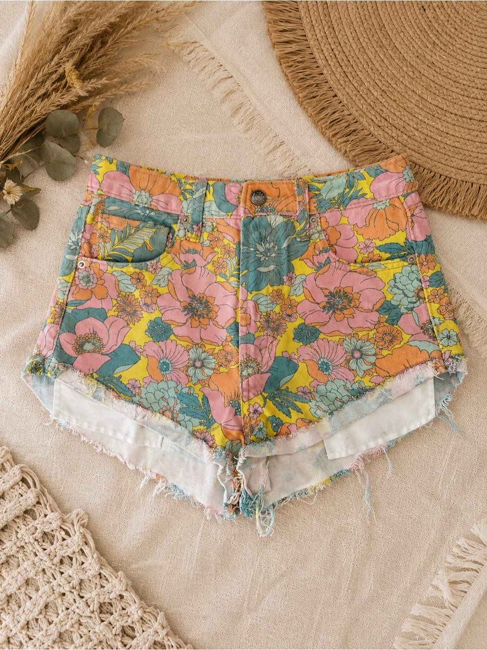 wild fable Floral High-Rise Jean Shorts in Yellow, Pink and Teal